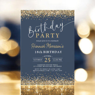 Trendy Navy Blue Gold Glitter Any Age Birthday  Invitation