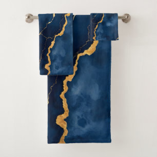 Trendy Navy Blue Gold Marble Collection Bath Towel Set