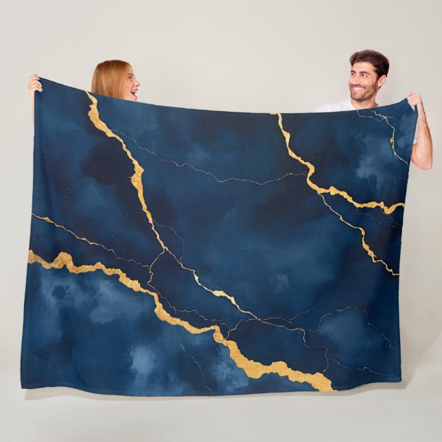 Trendy Navy Blue Gold Marble Collection Fleece Blanket (In Situ)