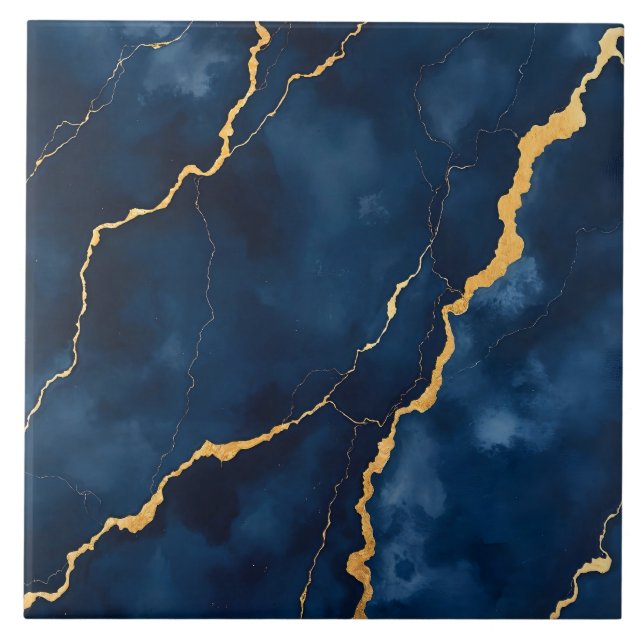 Trendy Navy Blue Gold Marble Collection Tile (Front)