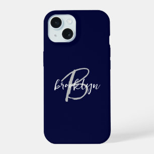 Trendy Navy Blue Grey White Script Monogram iPhone 15 Case