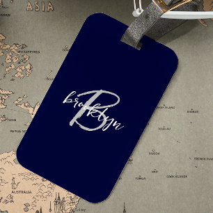 Trendy Navy Blue Grey White Script Monogram Luggage Tag
