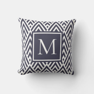 Trendy Navy Blue Monogram Arrow Diamond Pattern Cushion