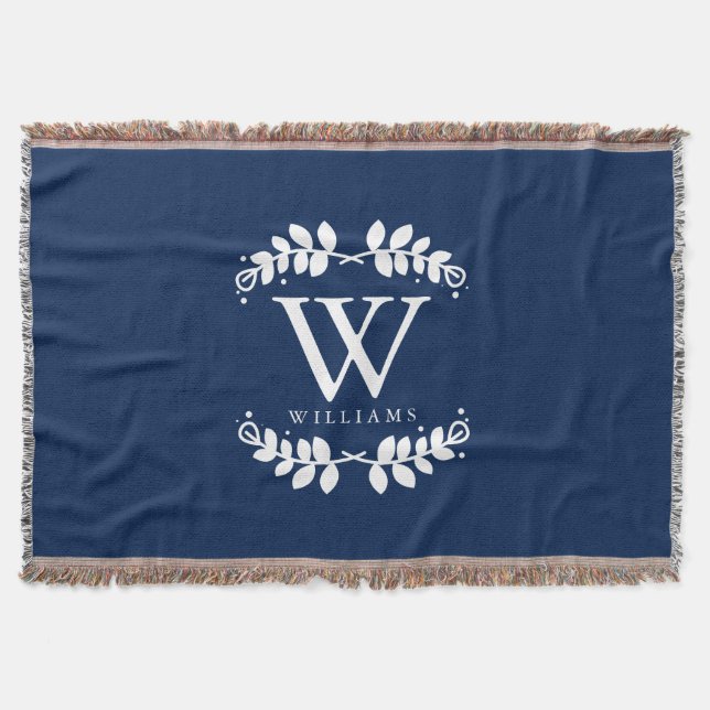 Trendy Navy Blue Monogram Throw Blanket (Front)
