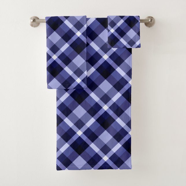 Trendy Navy Blue Plaid Pattern Bath Towel Set (Insitu)