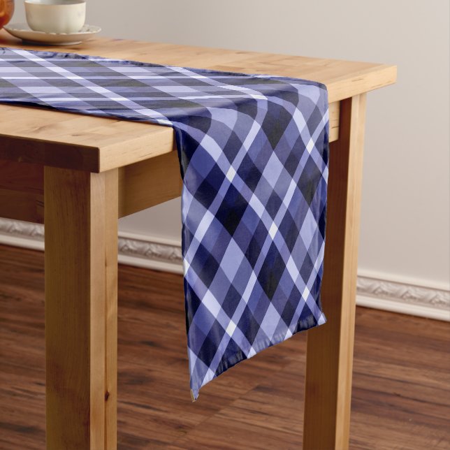 Trendy Navy Blue Plaid Pattern Small Table Runner (In Situ)