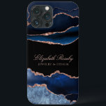 Trendy Navy Blue Rose Gold Black Business iPhone 13 Pro Max Case<br><div class="desc">Modern Elegant Navy Blue Rose Gold Black Business iPhone Case. Gorgeous versatile design featuring on trend navy blue agate geode watercolor style abstract art with rose gold glitter accents. Background is shown in Black with customisable text shown in rose gold blush pink colour. Personalise with your business name and title...</div>