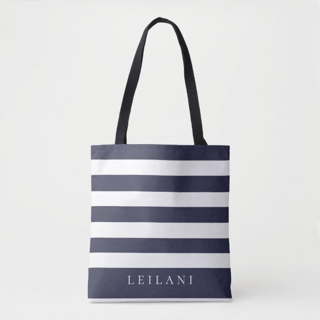 Trendy Navy Blue Stripe Pattern Tote Bag (Front)