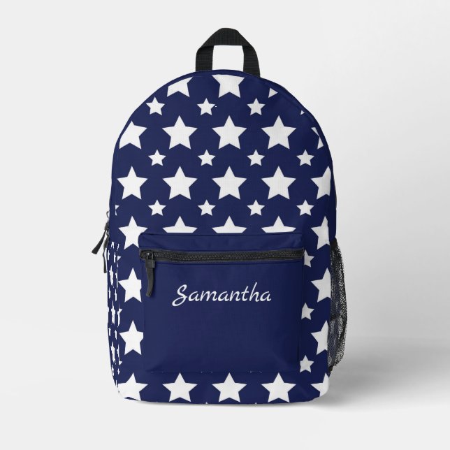 Trendy Navy Blue & White Stars Personalised Printed Backpack (Front)