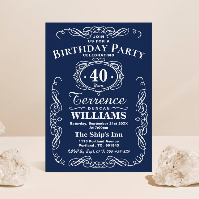 Trendy Navy Blue & White Typography Birthday Party Invitation (Creator Uploaded)
