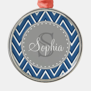 Trendy Navy Chevron Pattern Grey Monogram Metal Tree Decoration