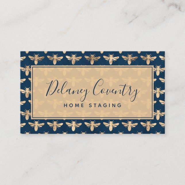Trendy Navy & Gold Bees Professional Business Card (Front)