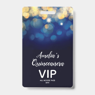 Trendy Navy Gold Bokeh Quinceañera Invite VIP Pass ID Badge