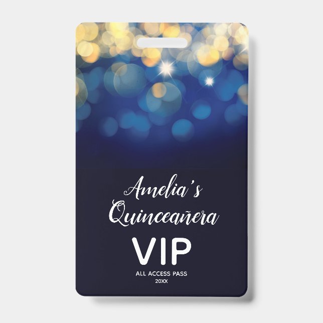 Trendy Navy Gold Bokeh Quinceañera Invite VIP Pass ID Badge (Front)