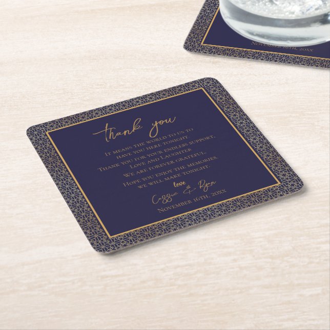 Trendy Navy Gold Design Wedding Thank you Message Square Paper Coaster (Angled)