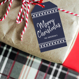 Trendy Navy Reindeer Typography Merry Christmas Gift Tags