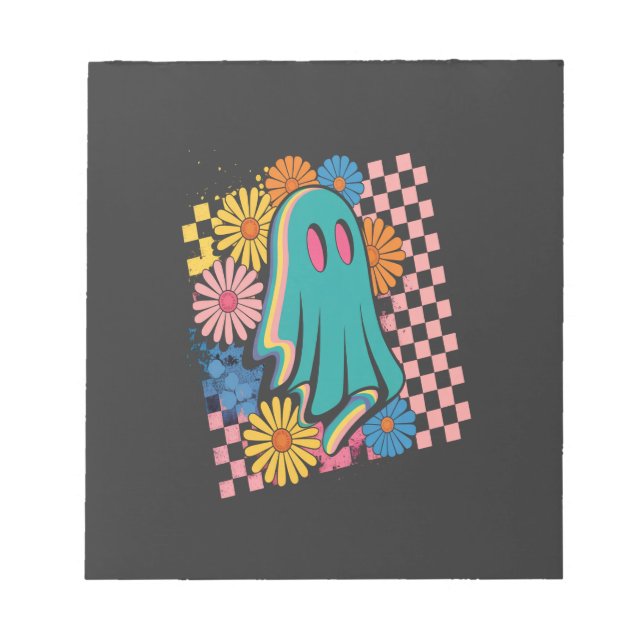 Trendy Neon Floral Ghost Halloween Notepad (Front)