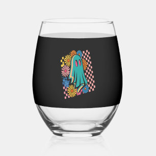 Trendy Neon Floral Ghost Halloween Stemless Wine Glass