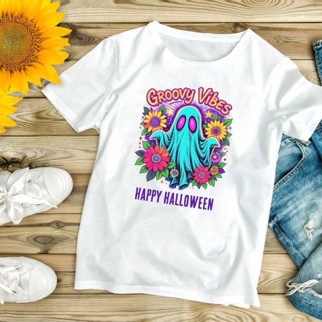 Trendy Neon Floral Retro Ghost Groovy Halloween T-Shirt (Neon Colors Florals Groovy Vibes Halloween Ghost T-shirt for her. Available in many colors  sizes)