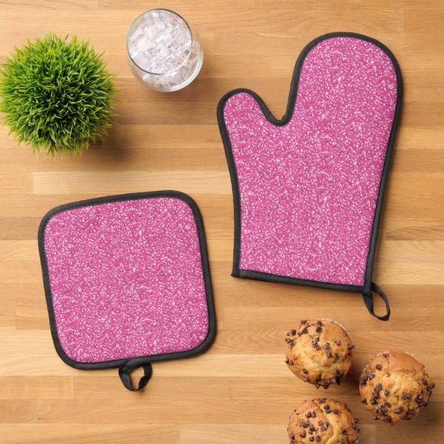 Trendy Neon Hot Pink Glitter  Oven Mitt & Pot Holder Set (Top Down)