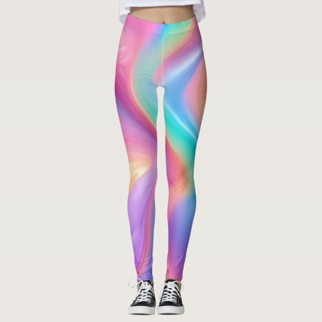 Trendy neon Pink Blue green abstract waves  Leggings (Front)