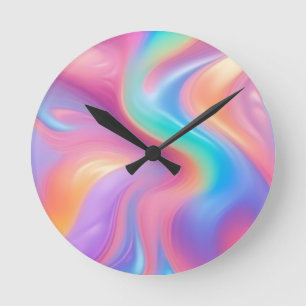 Trendy neon Pink Blue green abstract waves Round Clock