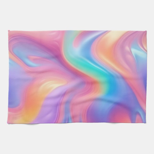 Trendy neon Pink Blue green abstract waves  Tea Towel (Horizontal)