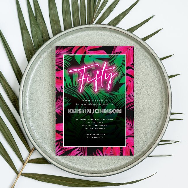 Trendy Neon Pink Tropical 50th Birthday Invitation (Creator Uploaded)