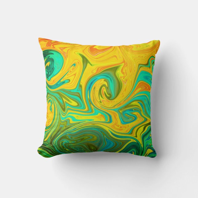 Trendy Neon Yellow Orange Green Abstract Swirl Cushion (Front)