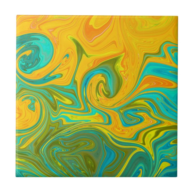 Trendy Neon Yellow Orange Green Abstract Swirl Tile (Front)