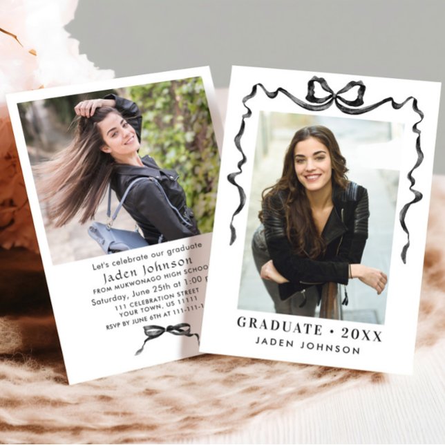 Trendy Neutral Bow Ribbon 2 PHOTO Graduation Party Invitation (Creator Uploaded)