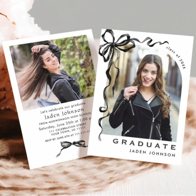 Trendy Neutral Bow Ribbon 2 PHOTO Graduation Party Invitation (Creator Uploaded)