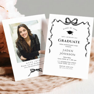 Trendy Neutral Bow Ribbon PHOTO Graduation Party Invitation