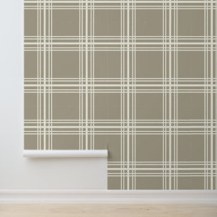Trendy Neutral Grey with Ivory White Grid Lines Wallpaper
