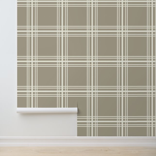 Trendy Neutral Grey with Ivory White Grid Lines Wallpaper (Application)