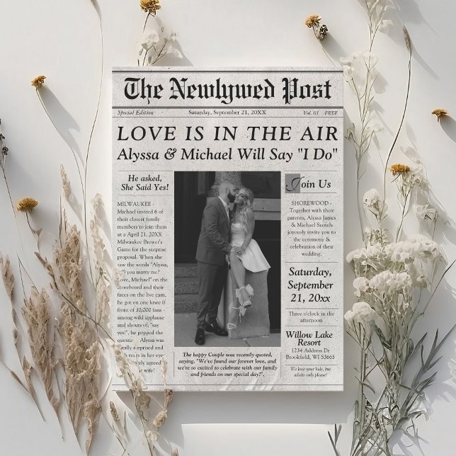 Trendy Newspaper Wedding Invitation Photo Timeline (Unique Vintage Newspaper black and white photo Come for the Love is in the Air Newlywed Post Invite)