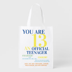 Trendy Official Teenager 13th Birthday Boy Reusable Grocery Bag