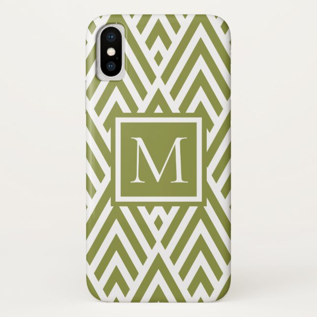 Trendy Olive Green Monogram Arrow Diamond Pattern Case-Mate iPhone Case (Back)