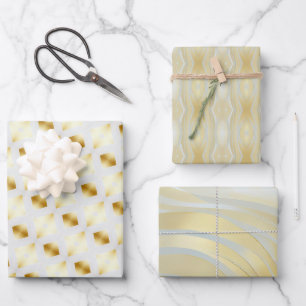 Trendy Opulent Gold and White Multi Patterned Wrapping Paper Sheet