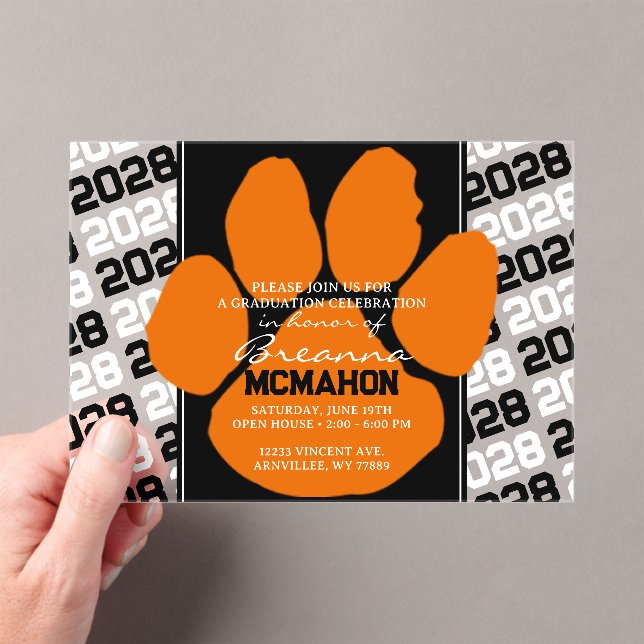 Trendy Orange & Black Graduation Pawprint Clear Acrylic Invitations (Insitu (Handheld))