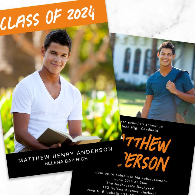 Trendy Orange Black Photos Graduation Invitation (Creator Uploaded)