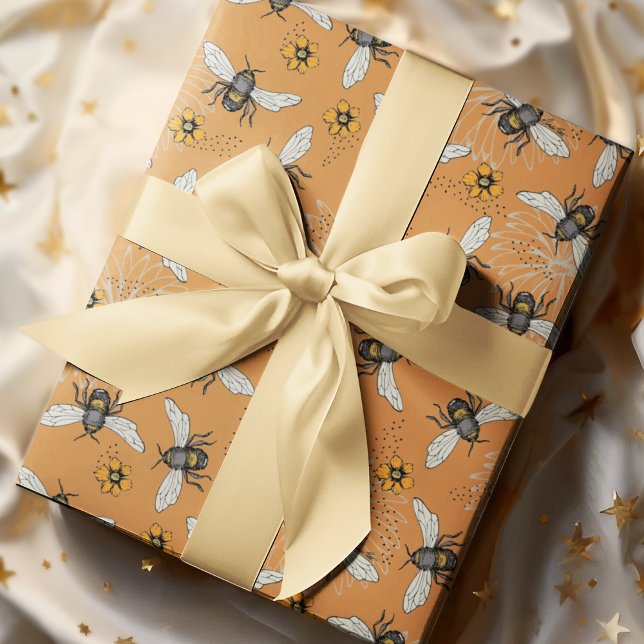 Trendy Orange Buzzing Honeybee for Spring & Summer Wrapping Paper (Elegant Orange Honeybees buzzing around Yellow Cosmos and Daisy flowers.)