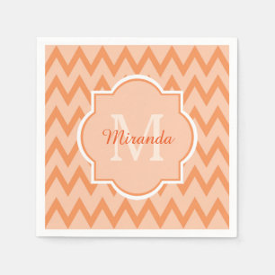 Trendy Orange Chevron Zigzag Name and Monogram Napkin