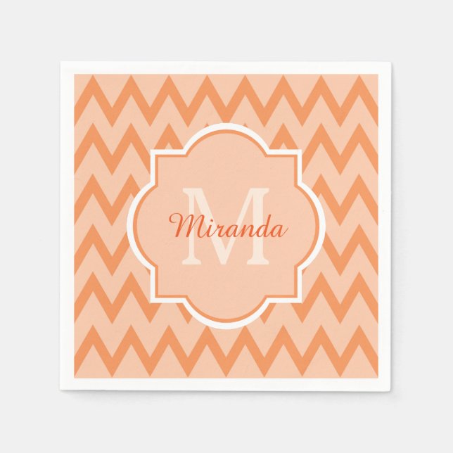 Trendy Orange Chevron Zigzag Name and Monogram Napkin (Front)