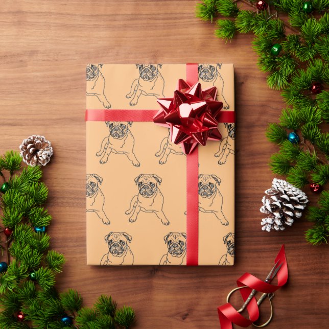 Trendy Orange Hipster Masculine Pug Dog Drawing Wrapping Paper (Holiday Gift)