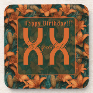 Trendy Orange Lilies Sparkle Adult Birthday Coaster