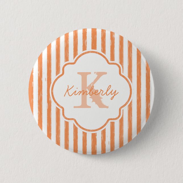 Trendy Orange Painted Stripes Monogram and Name 6 Cm Round Badge (Front)