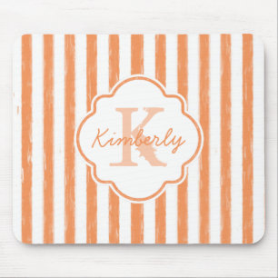 Trendy Orange Painted Stripes Monogram and Name Mouse Pad