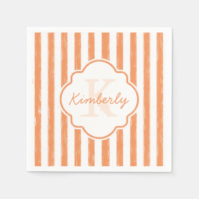 Trendy Orange Painted Stripes Monogram and Name Napkin (Front)