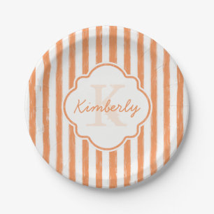 Trendy Orange Painted Stripes Monogram and Name Paper Plate